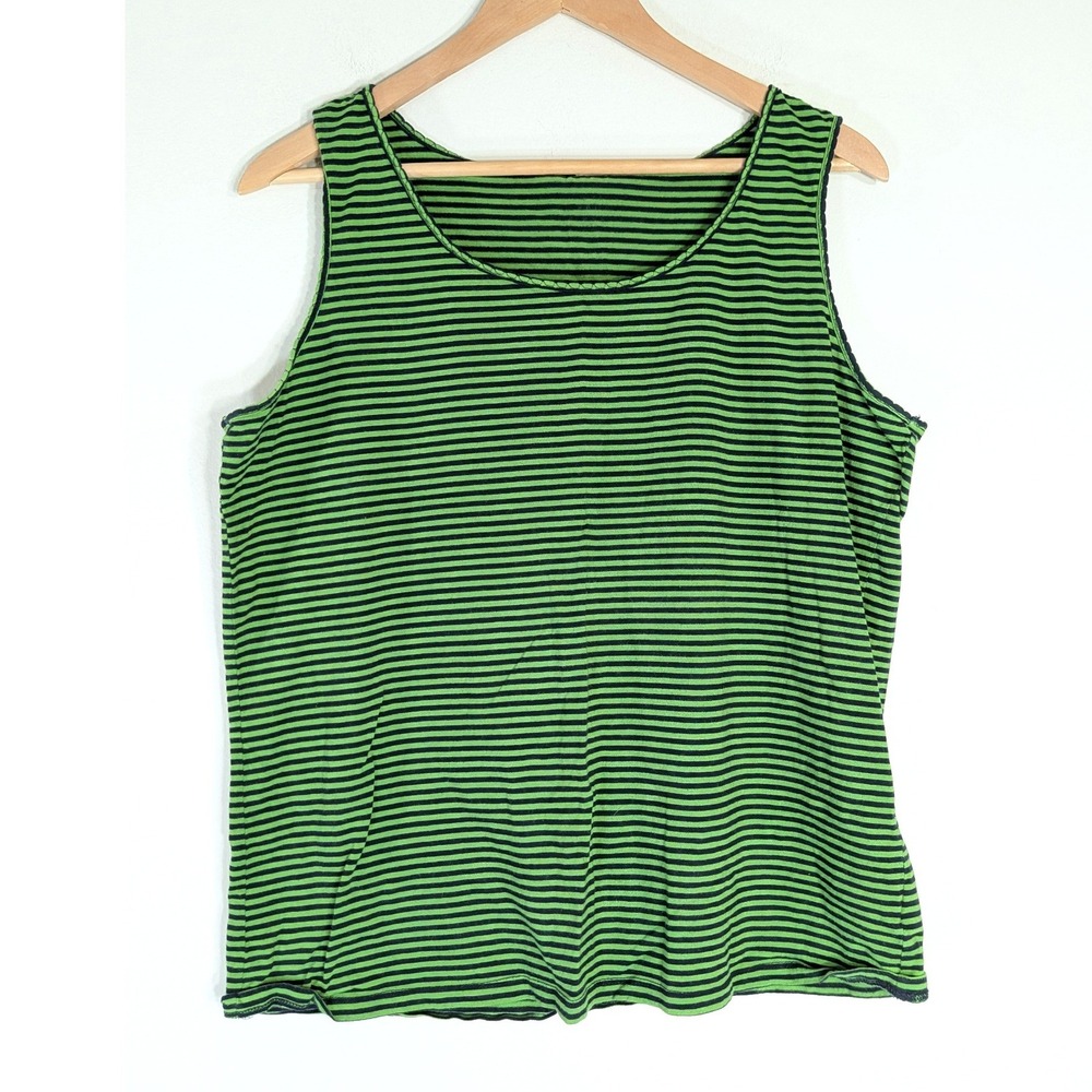 Talbots Green Striped Tank Top; Sleeveless Scoop Neck Cotton Blend Plus Size 1X